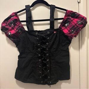 Skelanimals Goth Black and Pink Lace-Up Corset Blouse